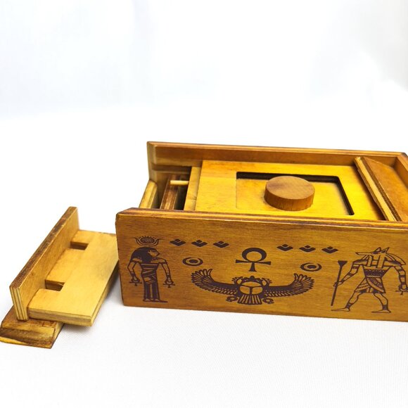 Egyptian Wooden Puzzle Box Scarab Ankh Symbols Secret Sliding Compartment 6"L - Picture 10 of 12